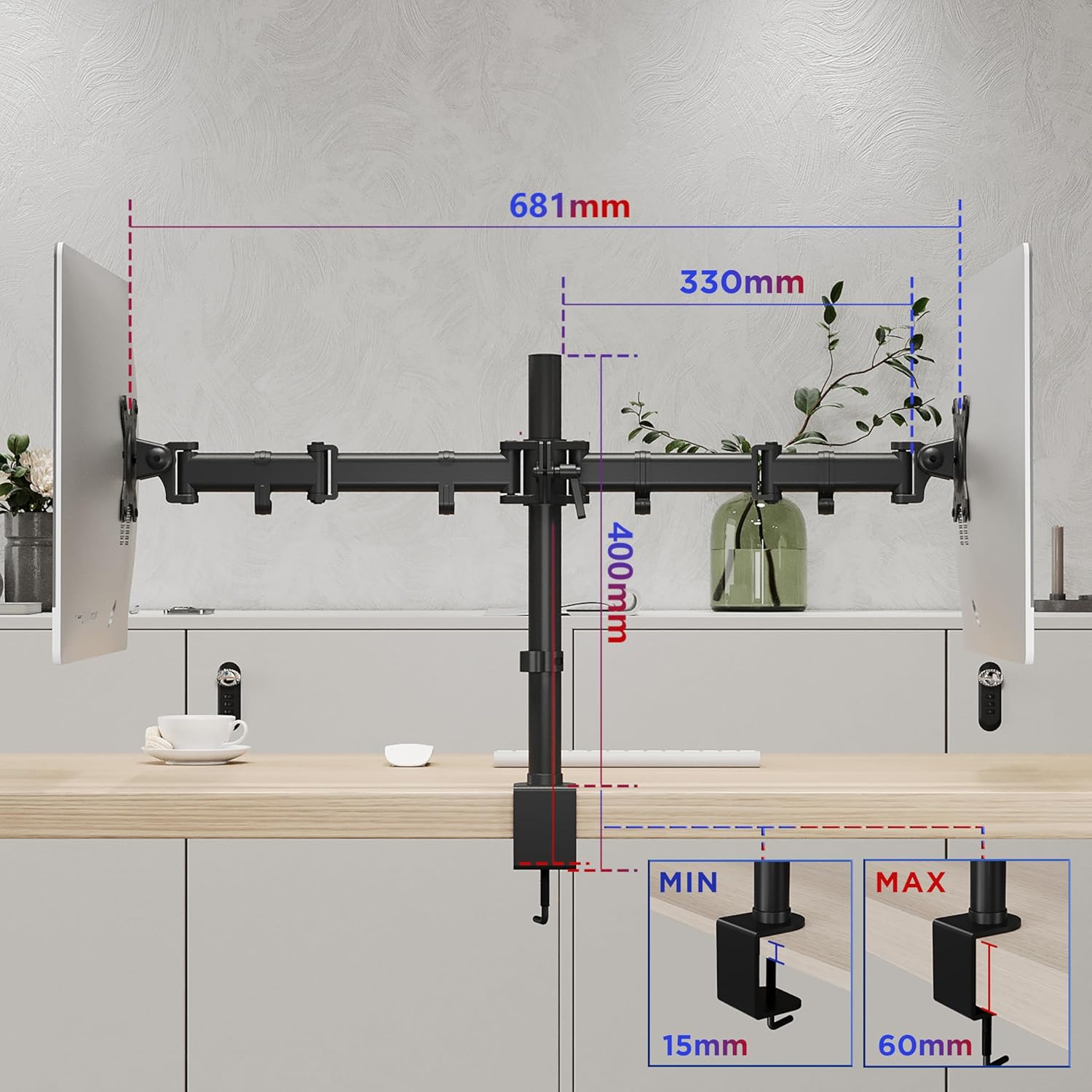 Duronic Dual Monitor Stand DM252 BK PC Desk Monitor Arm Height Adjustable Twin R...