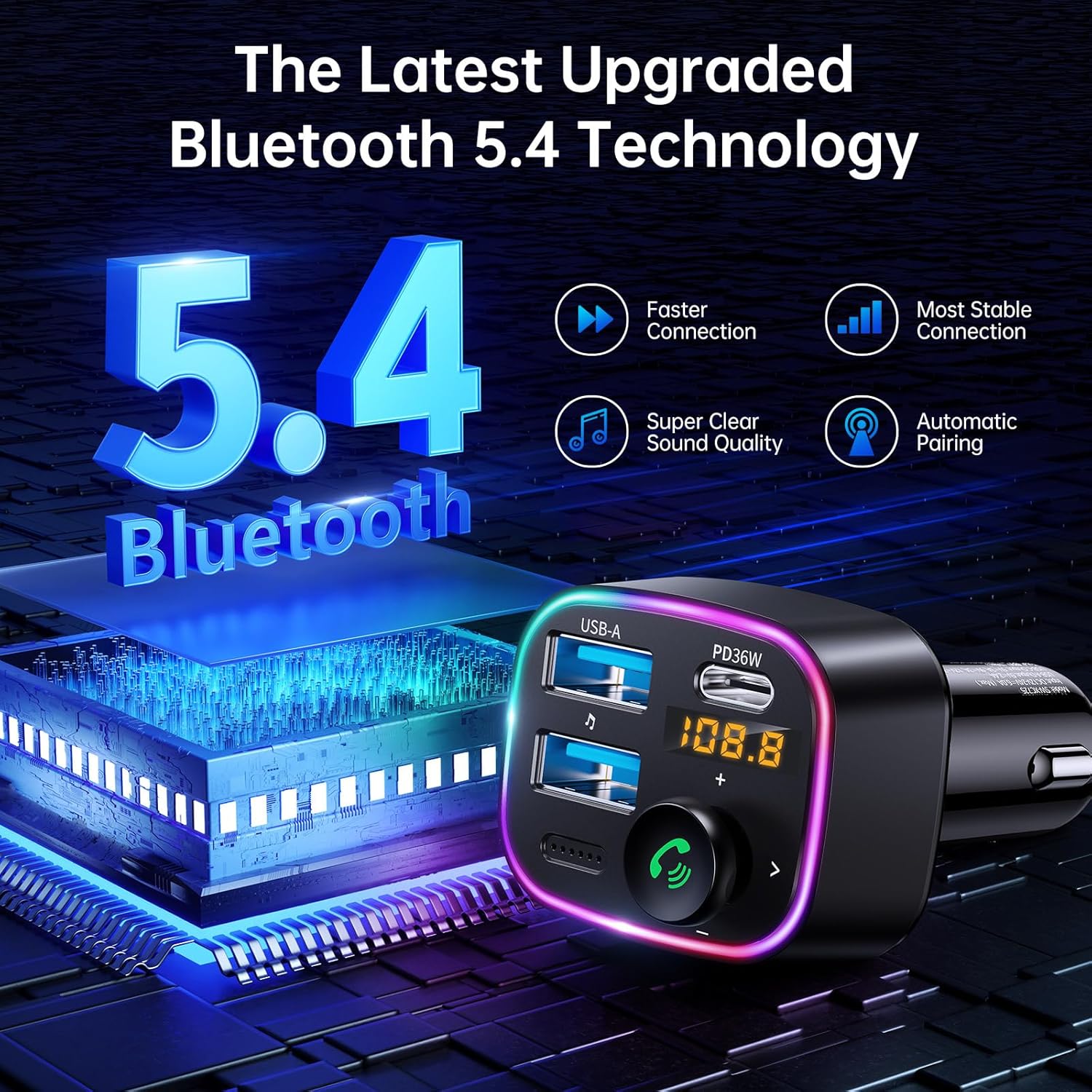 Syncwire Bluetooth 5.4 FM Transmitter Car Adapter 48W (PD 36W & 12W) [Light Swit...