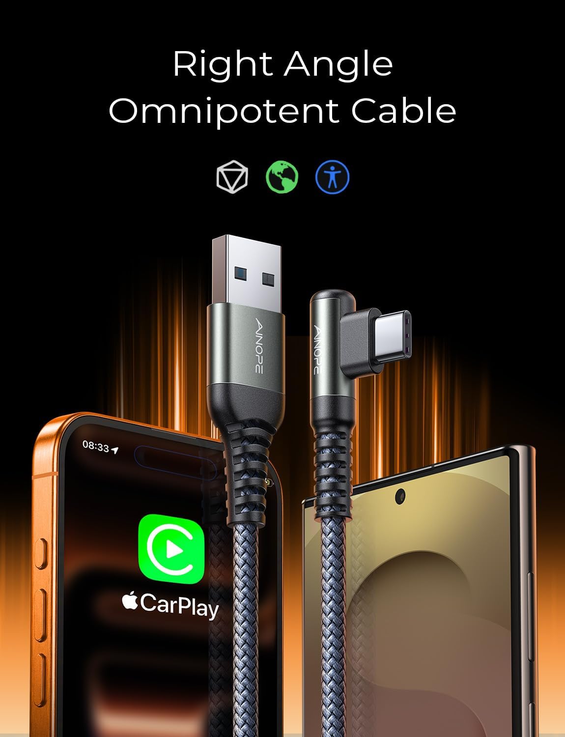 AINOPE USB C Charger Cable - [2-Pack 2M] Fast Charger USB C Right Angle USB to U...