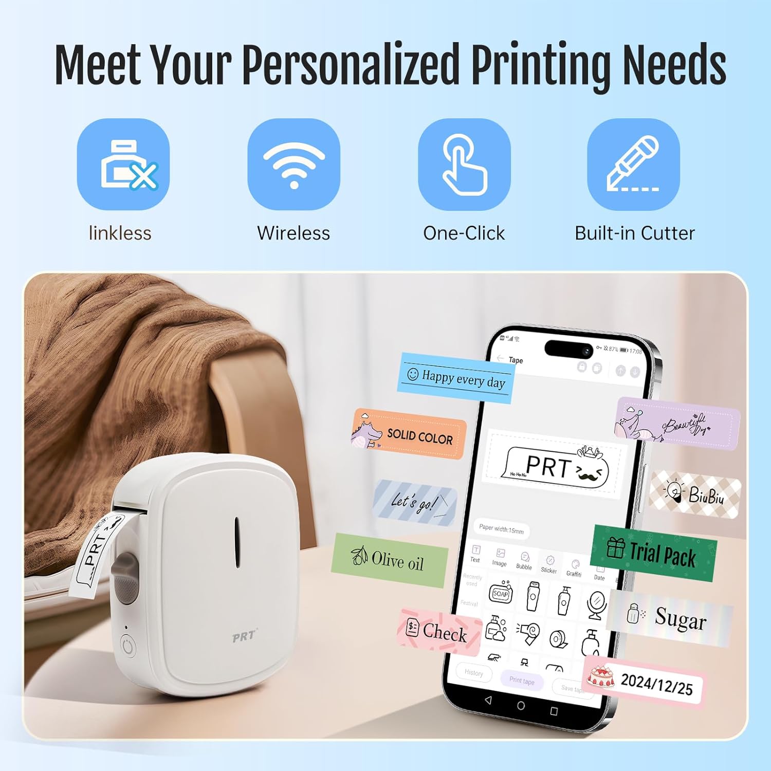 PRT Label Maker Machine with Tape, Portable Bluetooth Label Printer, Handheld St...