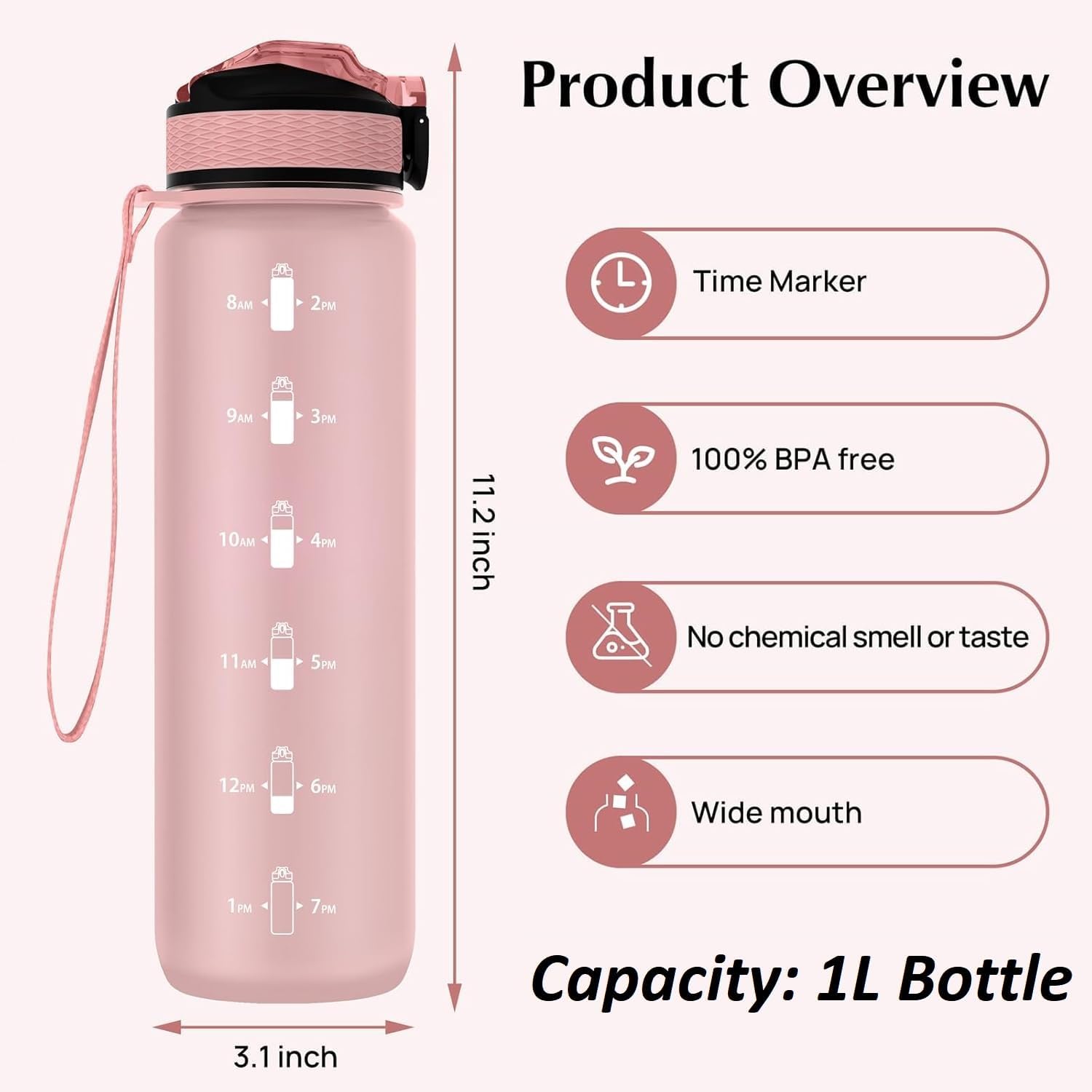 EYQ 1L Water Bottle, 1 Litre Water Bottle with Straw, 32oz Leak-Proof Motivation...