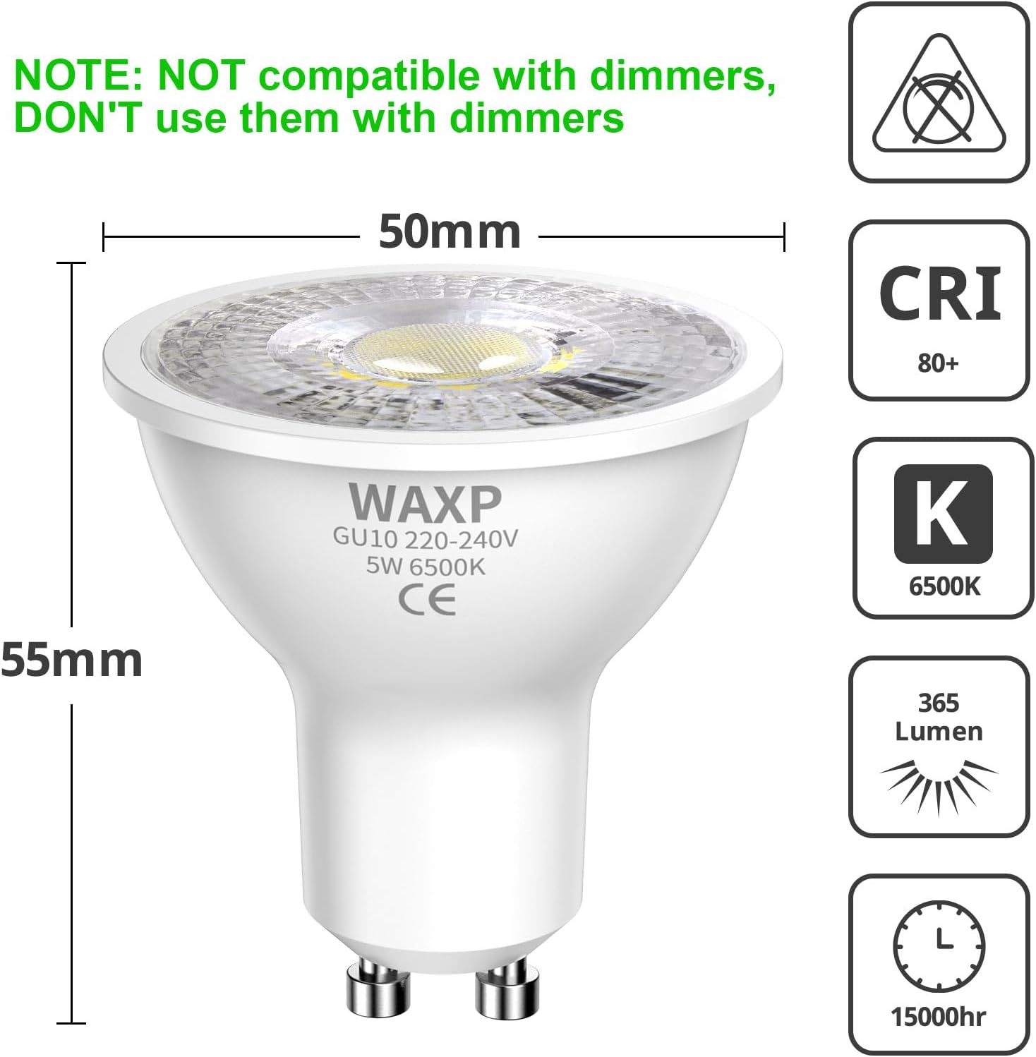 GU10 LED Spotlight Bulbs 5W, Cool White, 6500K, 365lm, No Flickering, Energy Sav...