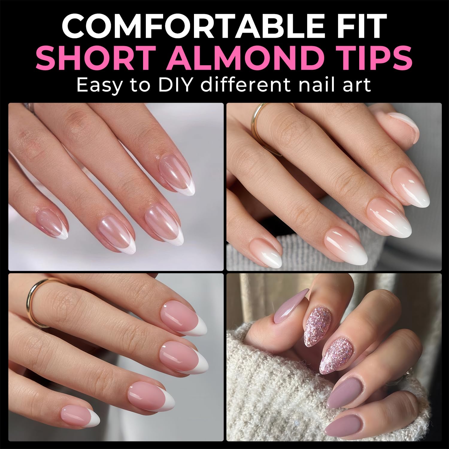 UNA GELLA Short Almond Fake Nails 216pcs Pre-shape Gel Acrylic Nail Tips for Ful...