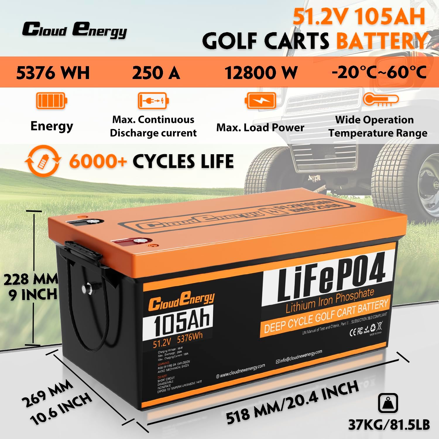 Cloudenergy 48V(51.2V) 105Ah LiFePO4 Lithium Golf Cart Battery Built-in 250A BMS...