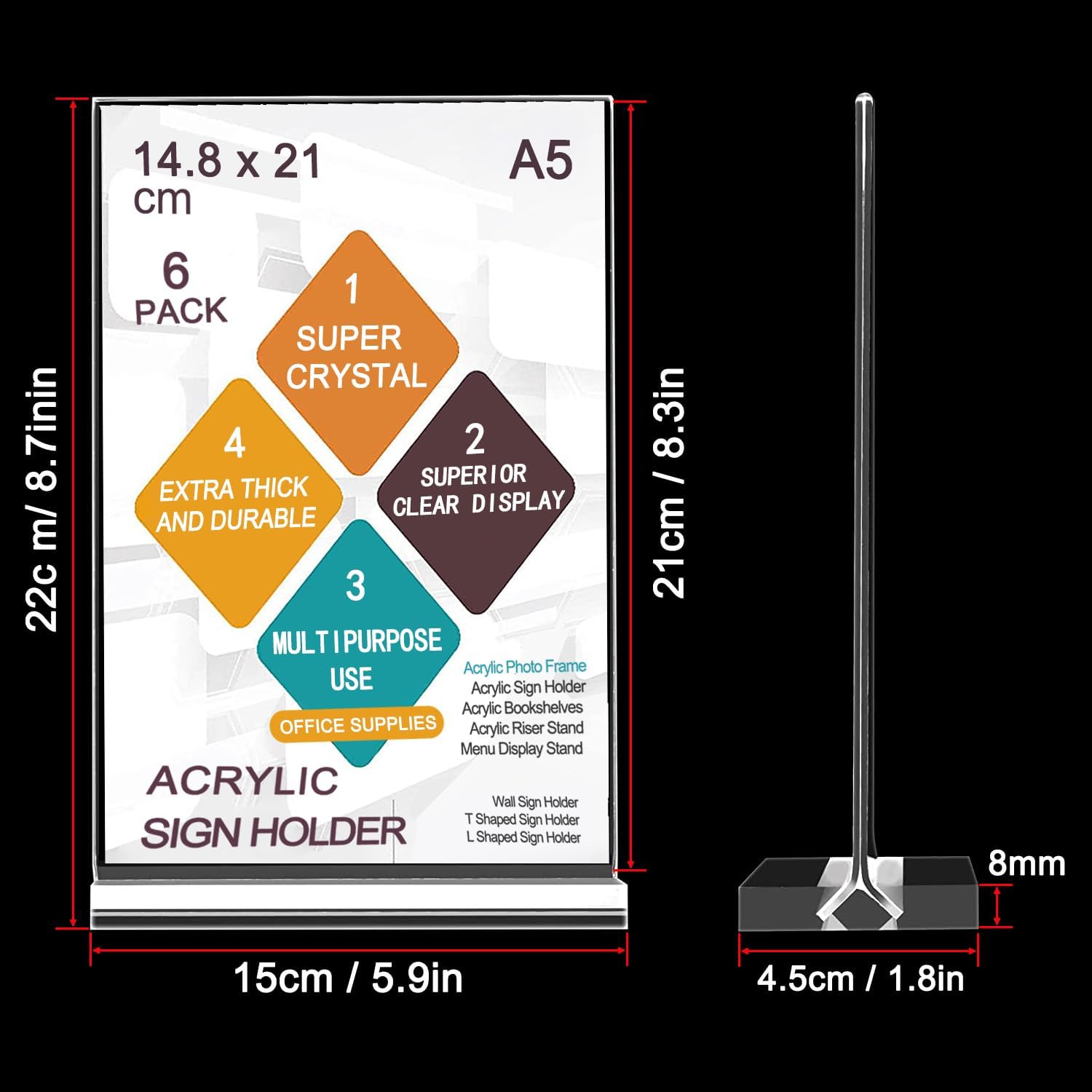 A5 Acrylic Sign Holder, 6pack T-Shape Double-Side A5 Perspex Display Stand, Clea...