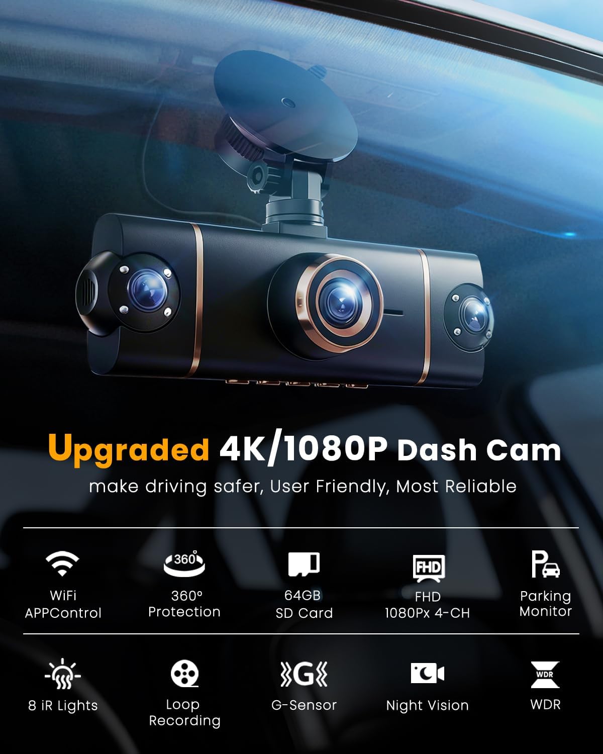 4 Channel 360° Dash Cam Front Rear Inside & Left Right,4K+1080P*3 FHD Car Camera...
