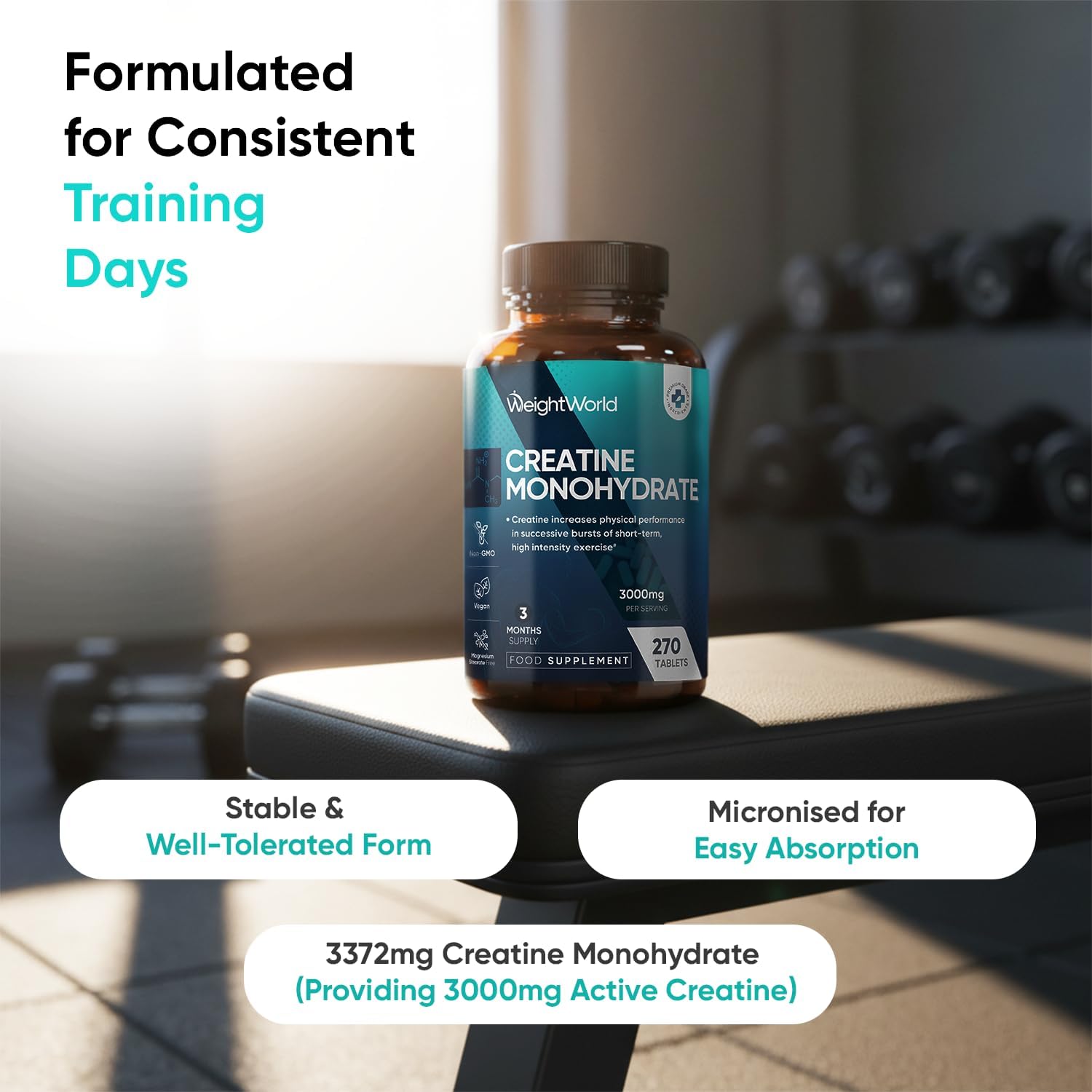 Creatine Monohydrate 3000mg - 270 Vegan Tablets - 3 Months Supply - Micronised f...