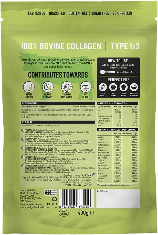Hunter & Gather Grass Fed Bovine Collagen Powder 2x400g | Pure Unflavoured Premi...