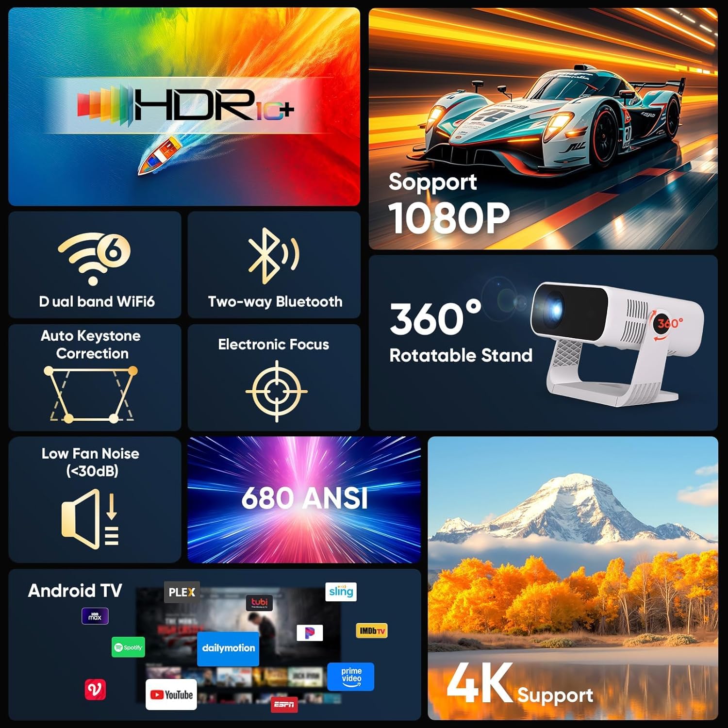2026 New Smart Projector Built-in Apps, Android 14, Native 1080P 4K Supported Wi...