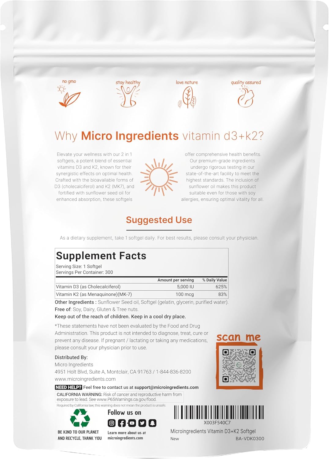 Micro Ingredients Vitamin D3 5,000 IU + K2 MK-7 100 mcg, 300 Softgels | 2-in-1 V...