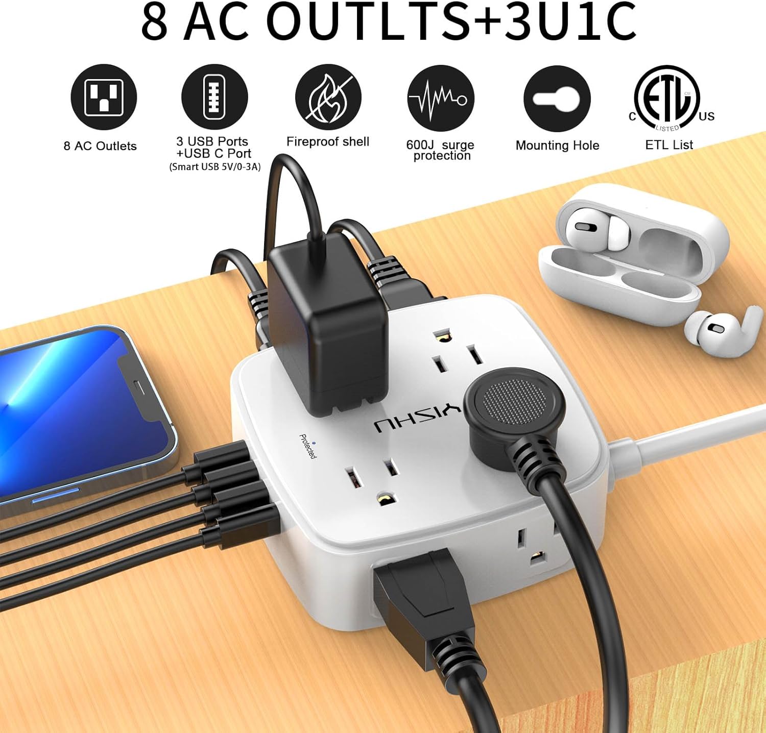 6 Ft Surge Protector Power Strip - 8 Widely Outlets with 4 USB Ports, 3 Side Out...