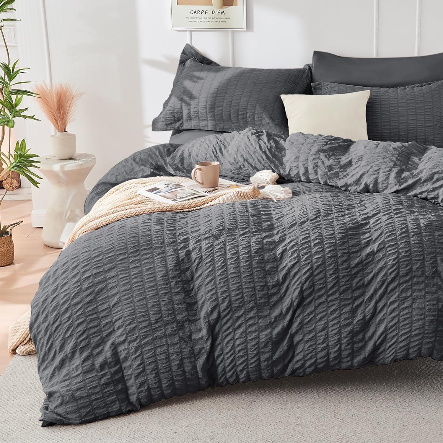 HYMOKEGE 7 Piece King Size Comforter Set Seersucker, All Season Luxury Bed in a...