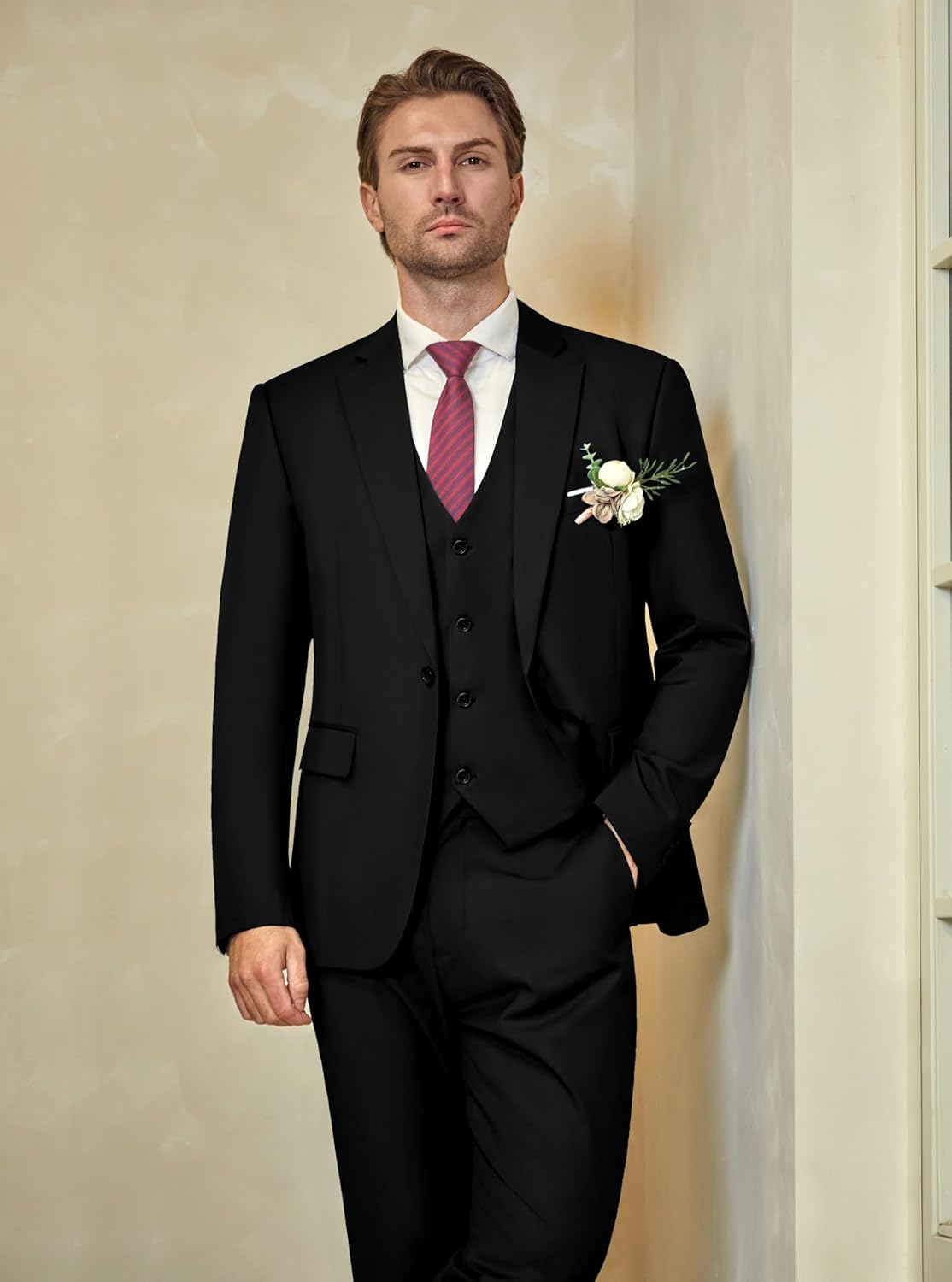 WULFUL Men’s Slim Fit Suit One Button 3-Piece Blazer Dress Business Wedding Part...