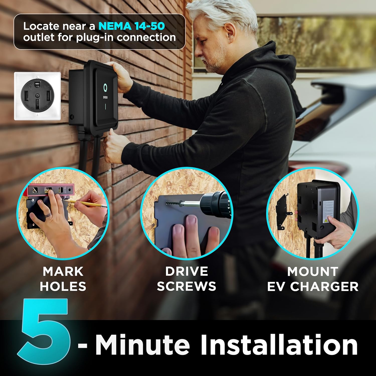 EVIQO Level 2 EV Charger, Special 48 Amps Charger with NEMA 14-50 Plug, High-Qua...