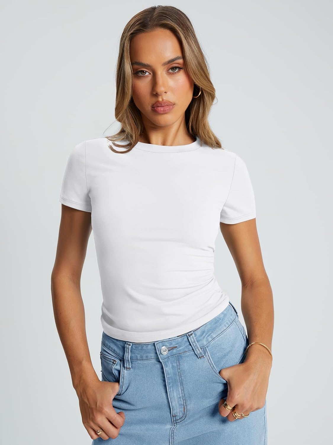 Trendy Queen Womens Stretchy Soft Opaque Basic T Shirts - Slim Fit Short Sleeve...