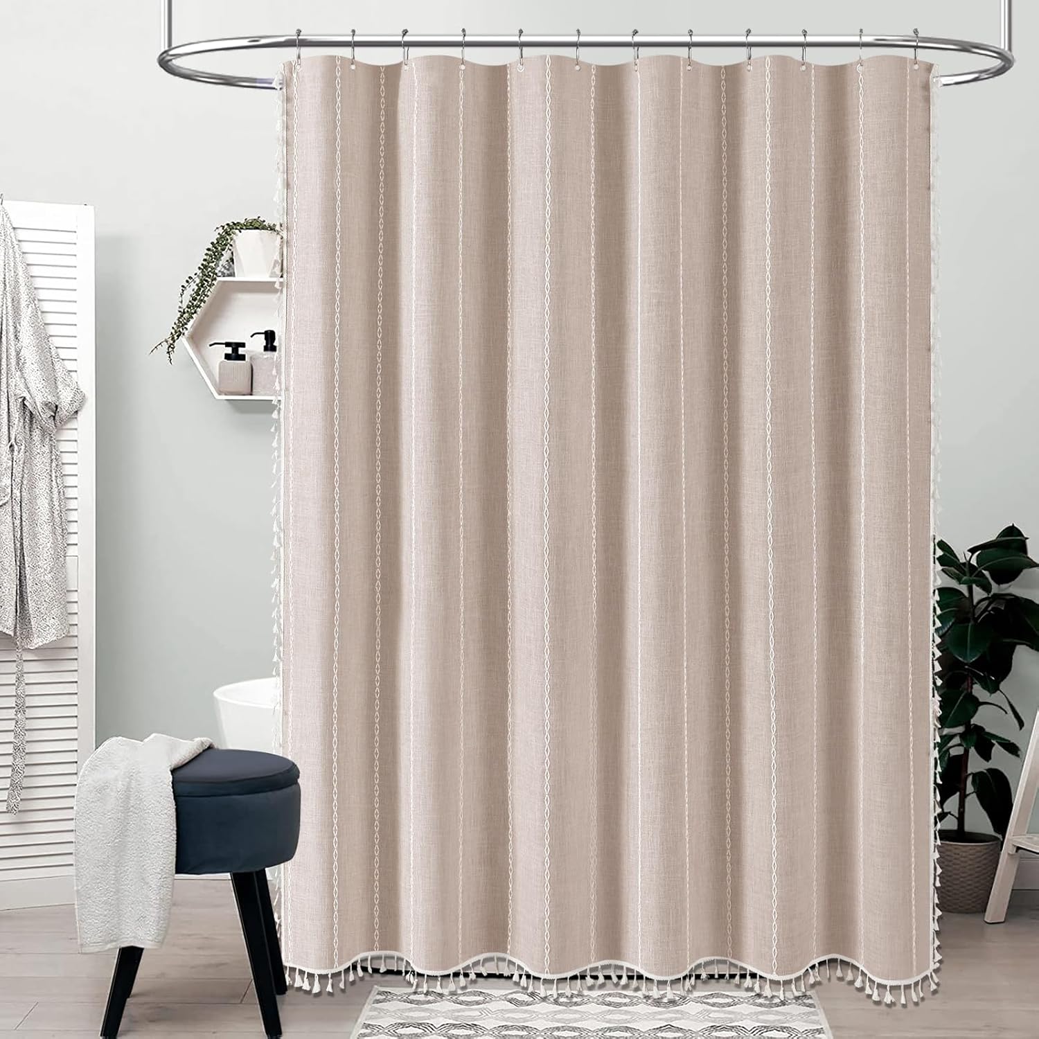 BTTN Boho Farmhouse Shower Curtain, Linen Rustic Heavy Duty Striped Fabric Showe...