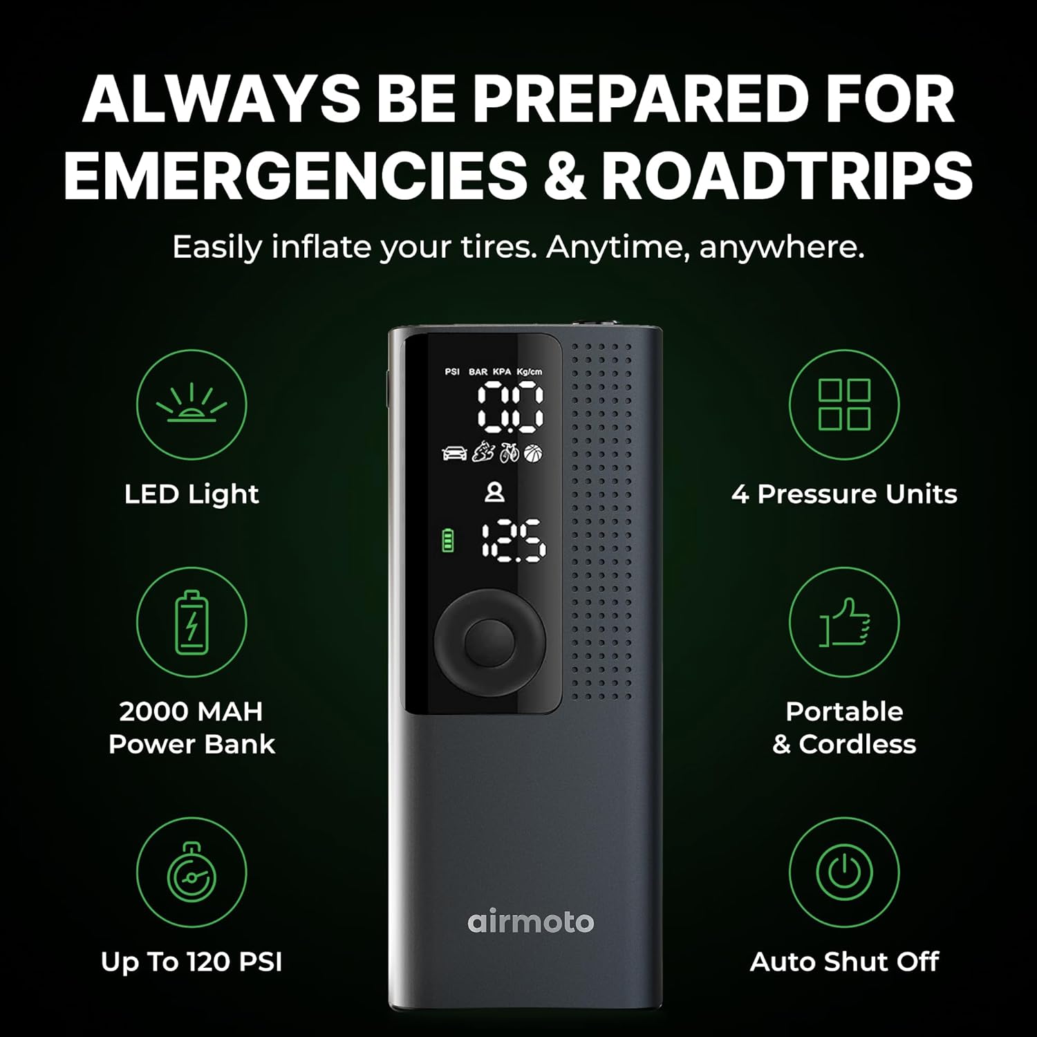 Airmoto Tire Inflator Portable Air Compressor - Air Pump For Car Tires with Digi...