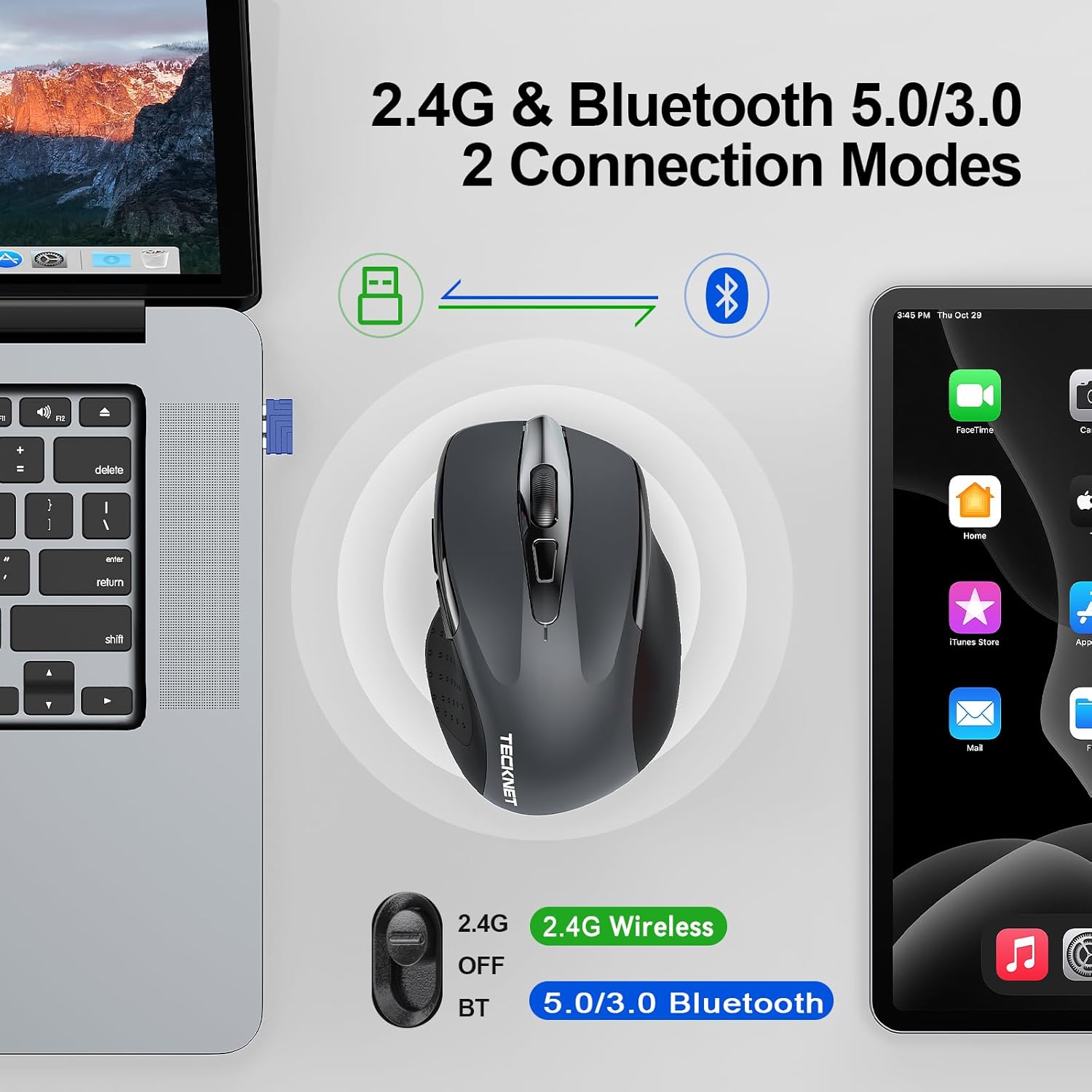 TECKNET Bluetooth Mouse, 4800DPI Wireless Mouse Computer Silent Click USB Mice B...