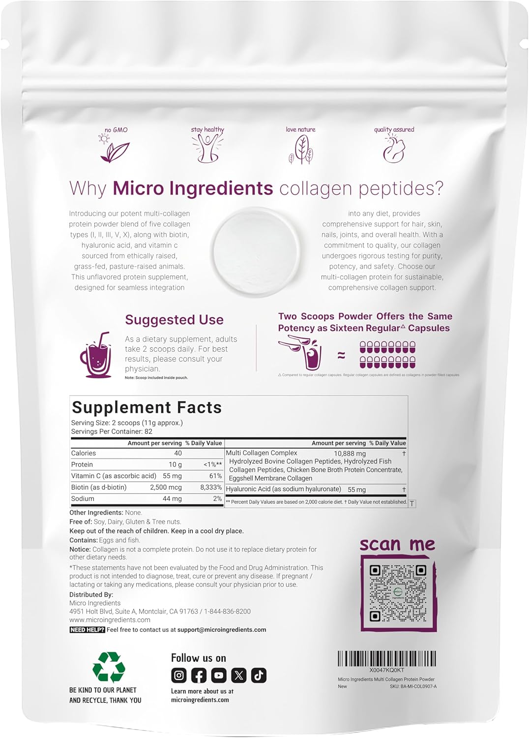 Micro Ingredients Multi Collagen Peptides Powder, 2lb – Hydrolyzed Type I,II,III...