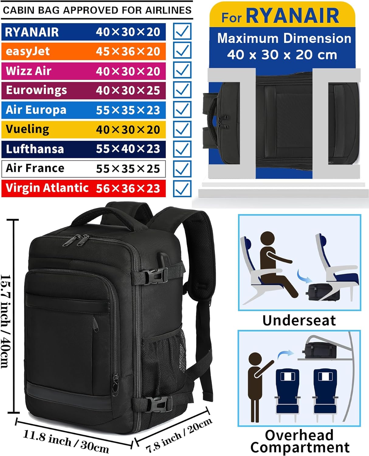 KLOSTAIN Ryanair Cabin Bags 40x30x20 Underseat 24L Laptop Hand Luggage Carry-On...