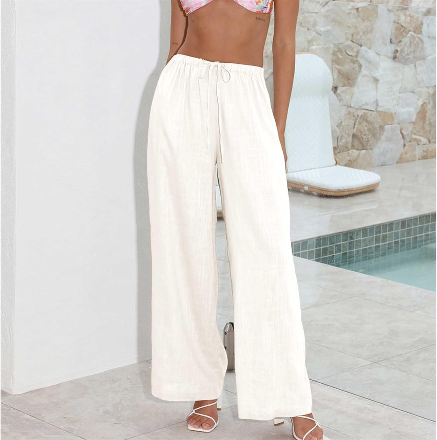 Duyang Womens Cotton Linen Palazzo Pants Drawstring Elastic Waist Casual Wide Le...