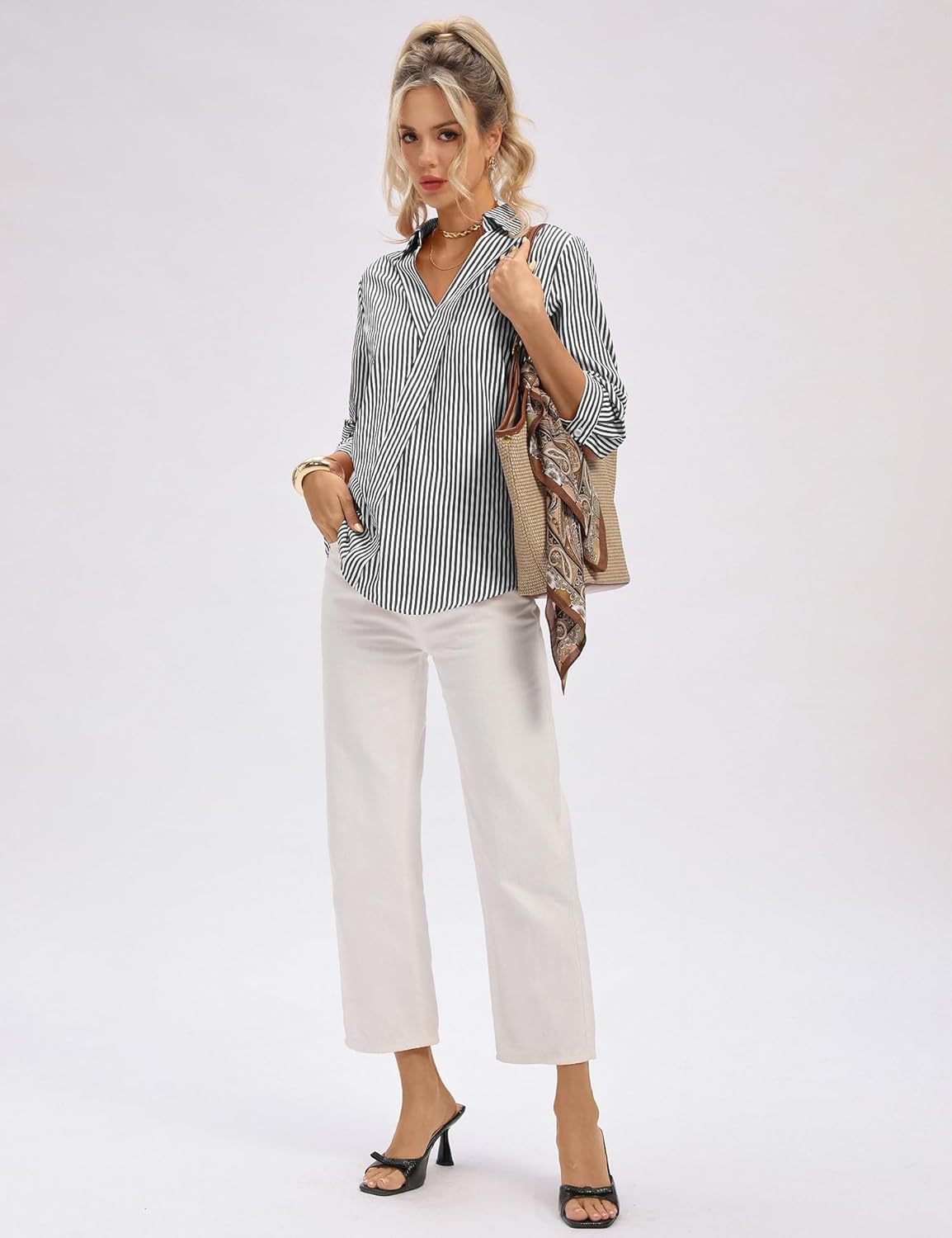 Fashionable LOMON Dressy V Neck Womens Tops, Unique 3/4 Length Sleeve Business C...