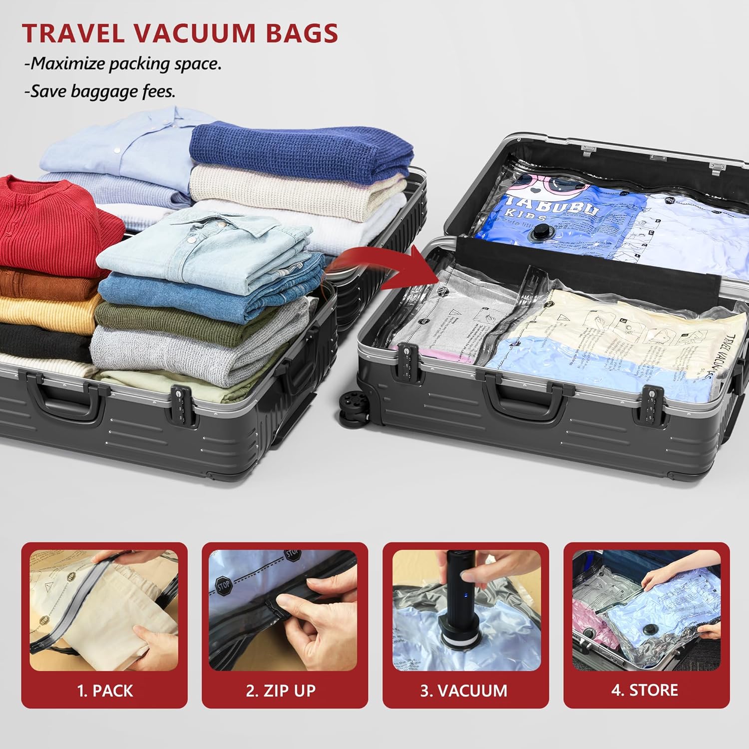 Travel Vacuum Bags for Clothing with Rechargeable Electric Pump, Compression Pac...
