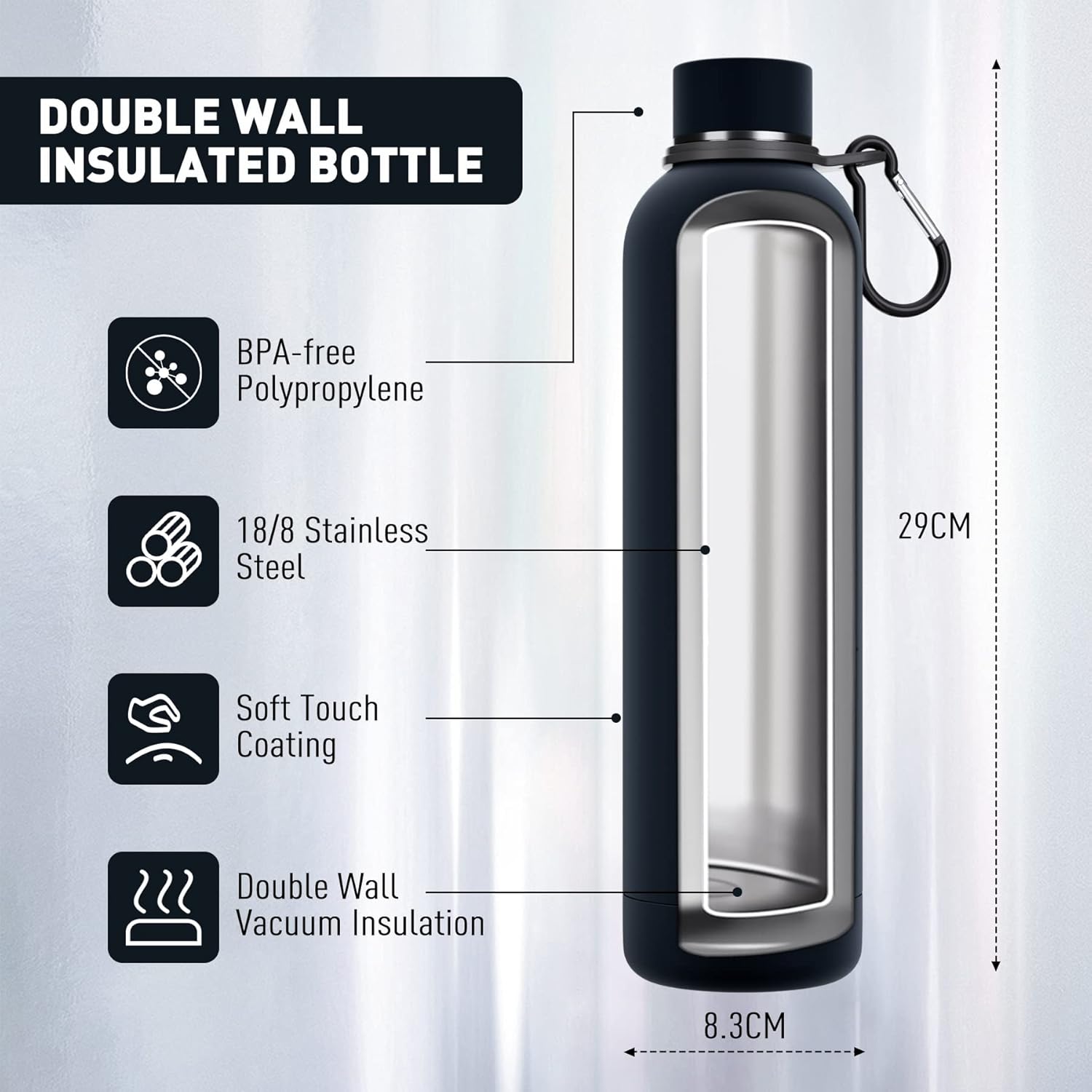 Exllena Insulated Black Water Bottles 1l with Clip, Double Wall Vacuum Drinks Bo...