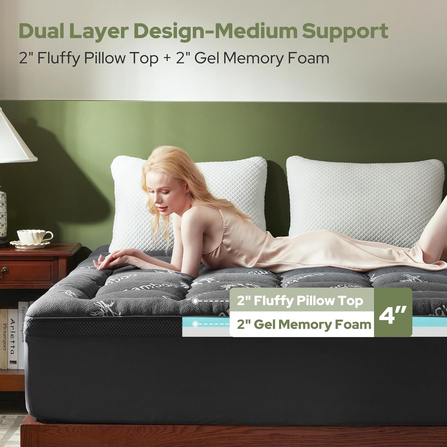 BEDLORE 4 Inch Memory Foam Mattress Topper King,2-in-1 Dual Layer Design (2" Gel...