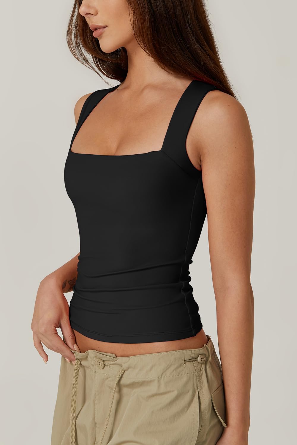 QINSEN Women's Double Layer Tank Tops Square Neck Sleeveless Basic Tight T Shirt...