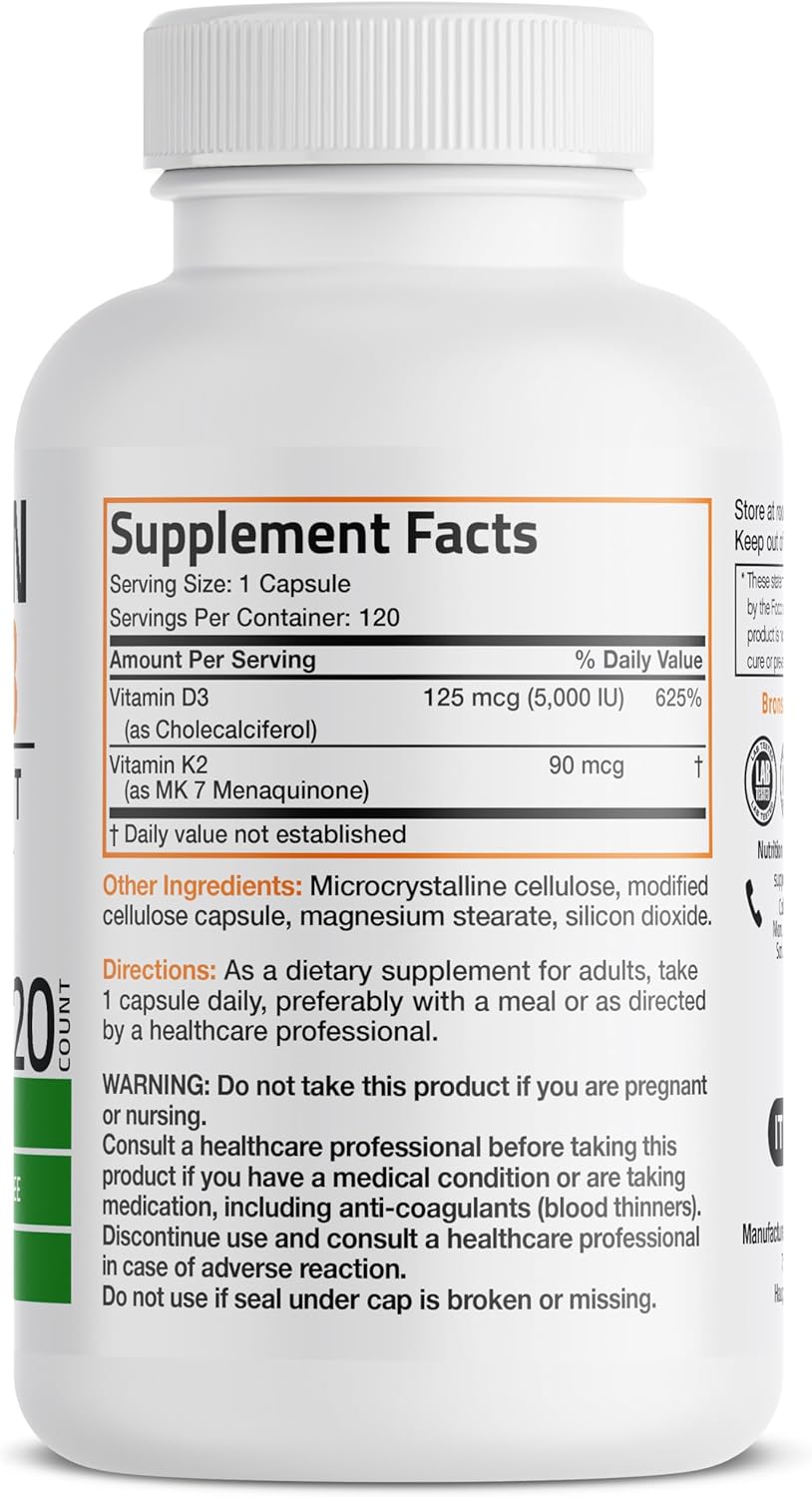 Bronson Vitamin K2 (MK7) with D3 Supplement Non-GMO Formula 5000 IU Vitamin D3 &...