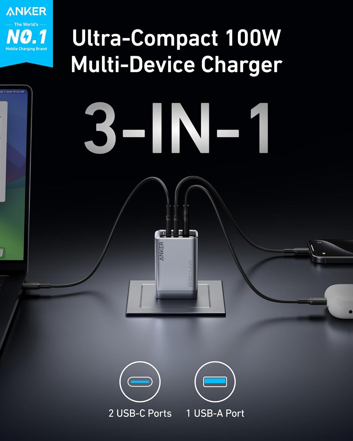 Anker Prime Charger, 100W 3-Port GaN USB C Charger Block, Foldable and Compact f...