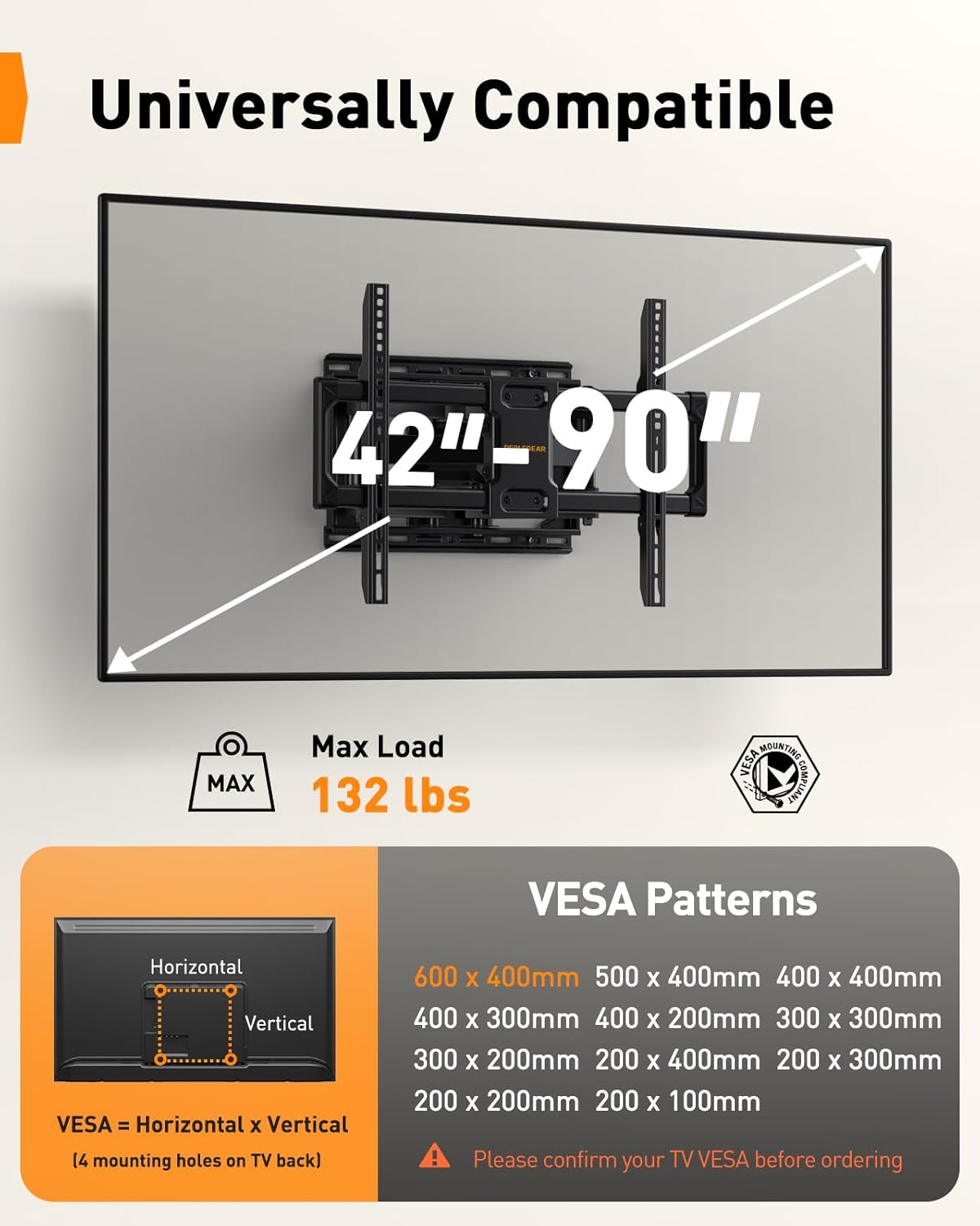 Perlegear UL Listed Full Motion TV Wall Mount for 42-90" TVs up to 132lbs, Heavy...