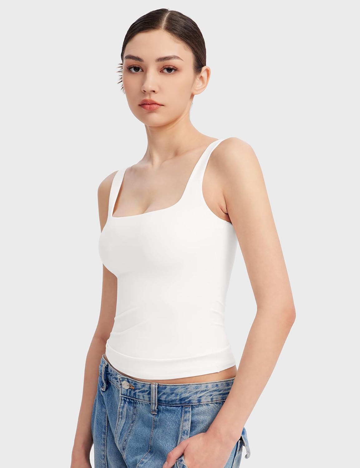 PUMIEY Women's Square Neck Tank Top Sleeveless Double Lined Basic Tops Sharp Col...