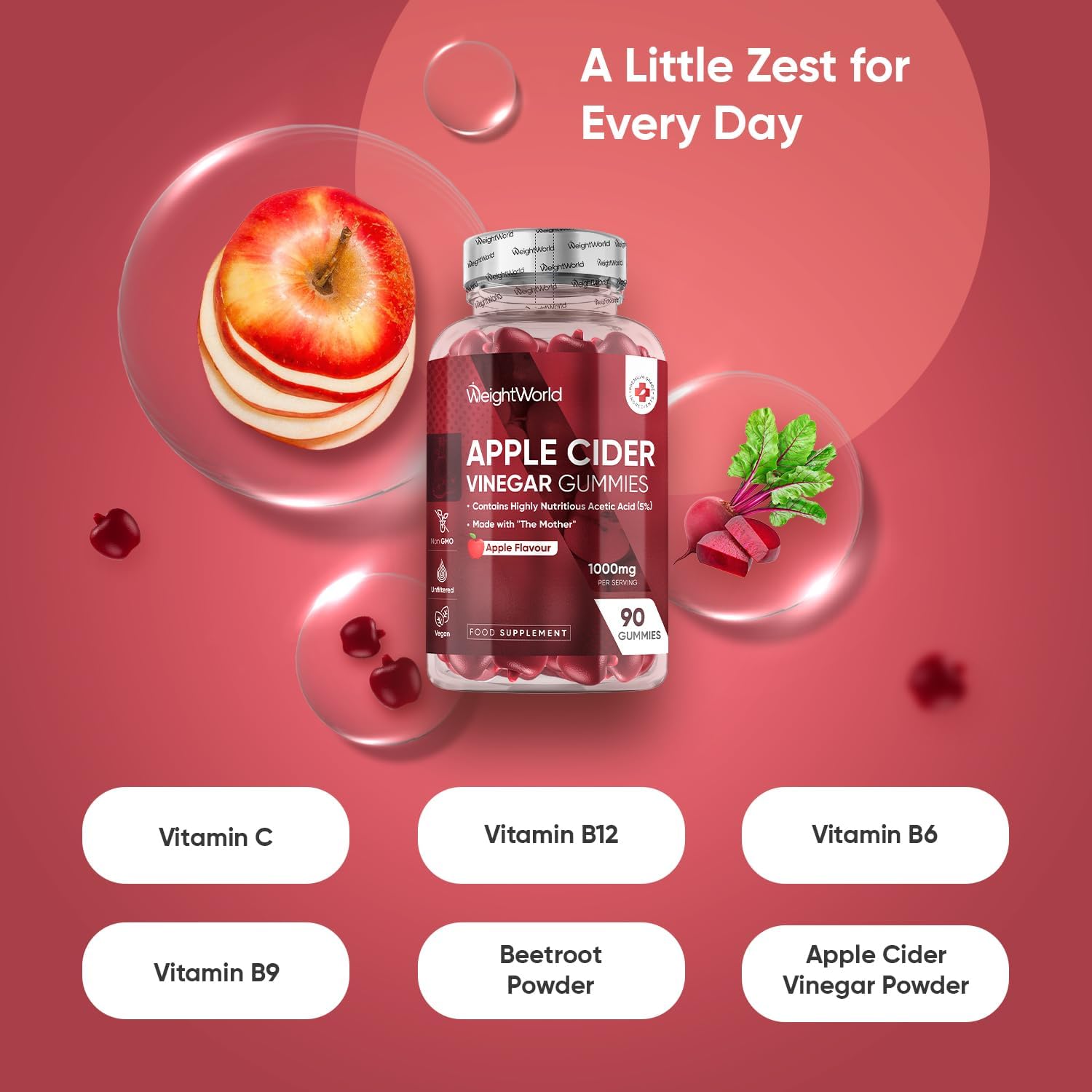 Apple Cider Vinegar Gummies 1000mg - 90 Gummies - With Natural Apple Flavour - 4...