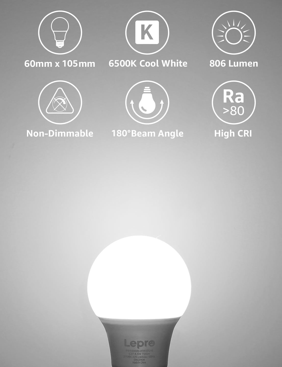 Lepro Bayonet Light Bulb, Cool White 6500K, 60W Equivalent, 8.5W 806LM B22 LED B...