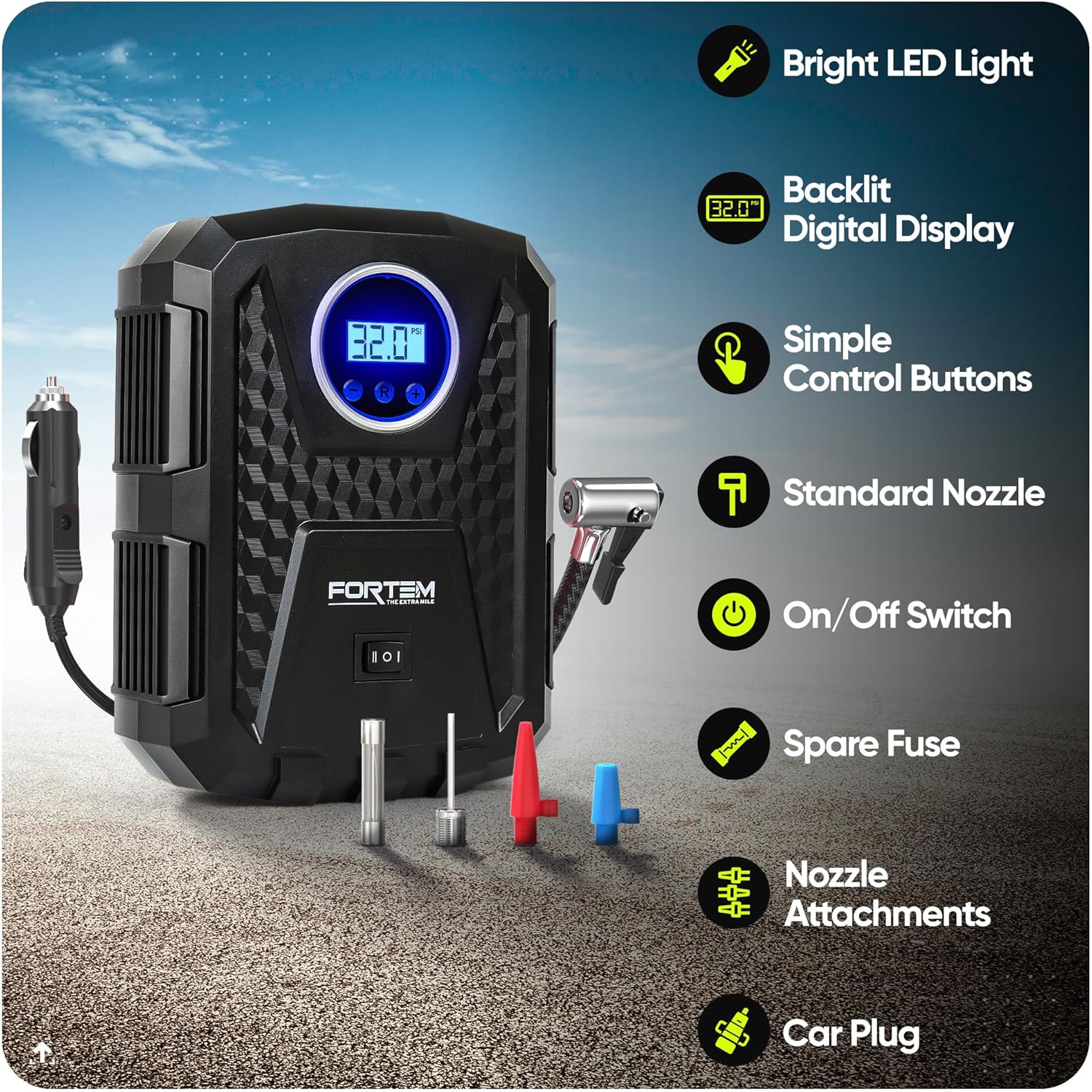 FORTEM Car Tyre Inflator 150 PSI, Air Compressor, Electric Air Pump for Car Tire...