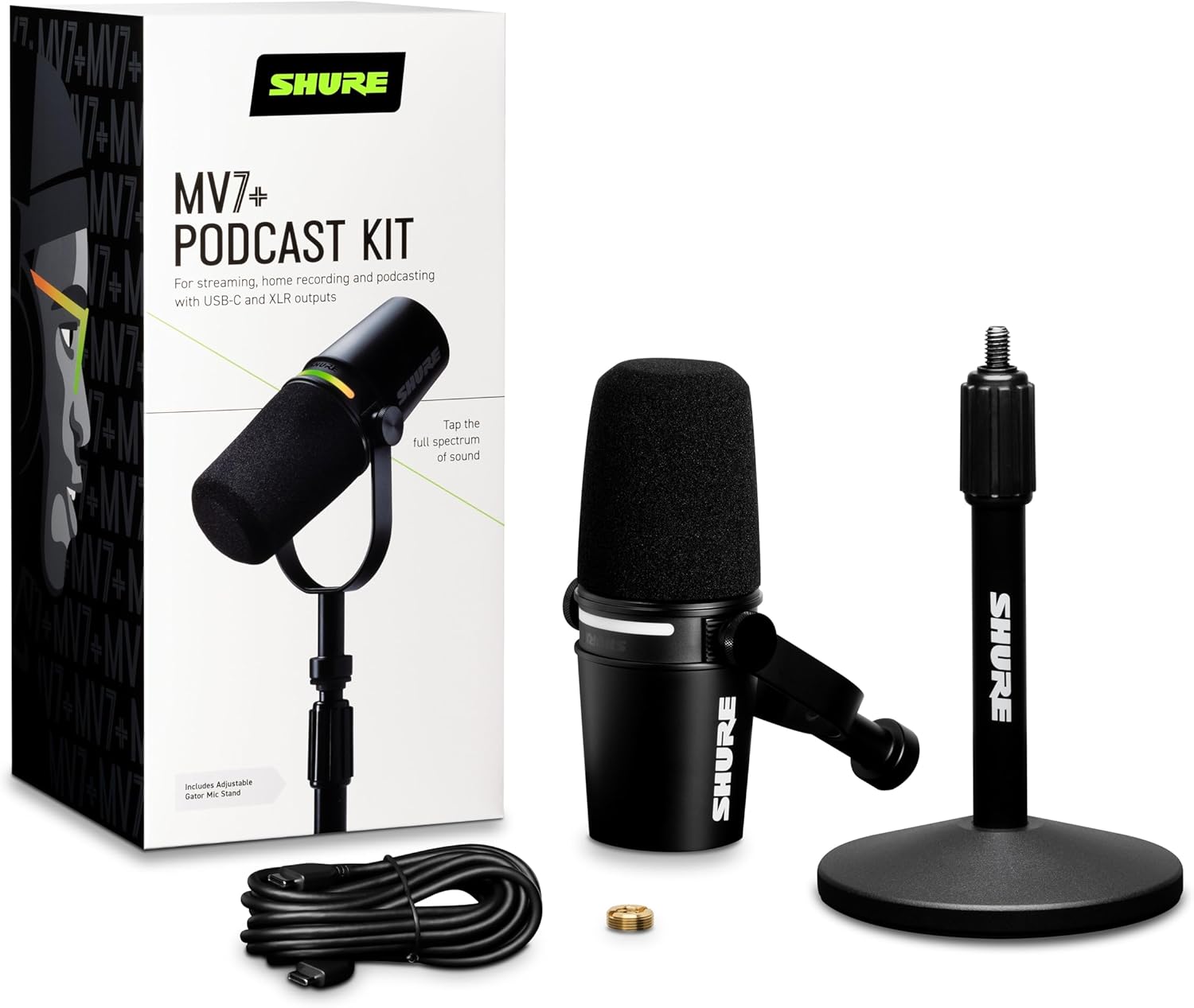 Shure MV7+ Podcast Dynamic Microphone with Stand – OBS Certified, Enhanced Audio...