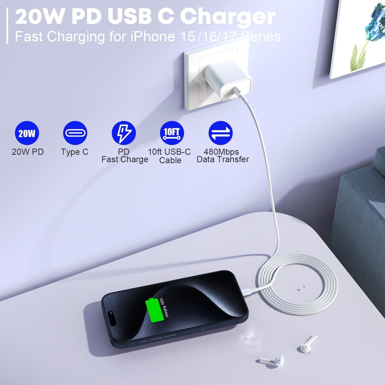 Fast Charger for iPhone 17/16/15 Charger,10FT Extra Long Fast Charging 3Pack Blo...