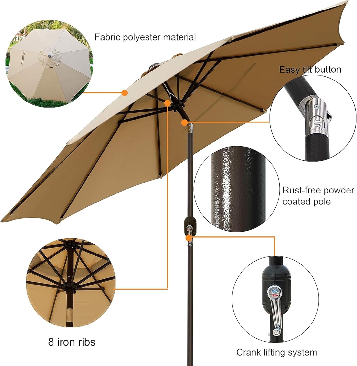 Blissun 9' Outdoor Patio Umbrella, Outdoor Table Umbrella, Yard Umbrella, Market...