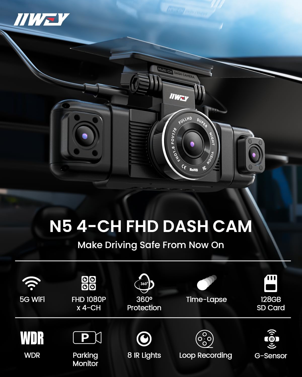 IIWEY N5 4 Channel Dash Cam 360° View, 1080P Front and Rear Inside, Left Right D...