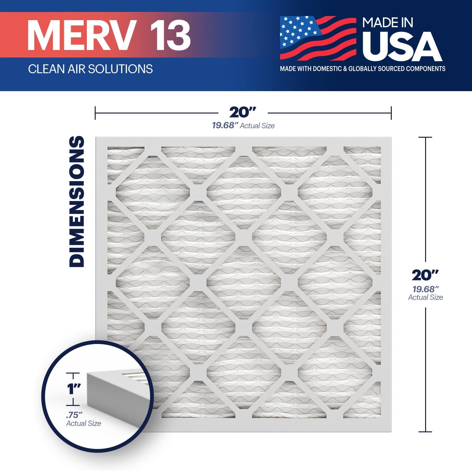 BNX TruFilter 20x20x1 Air Filter MERV 13 (6-Pack) - MADE IN USA - Electrostatic...