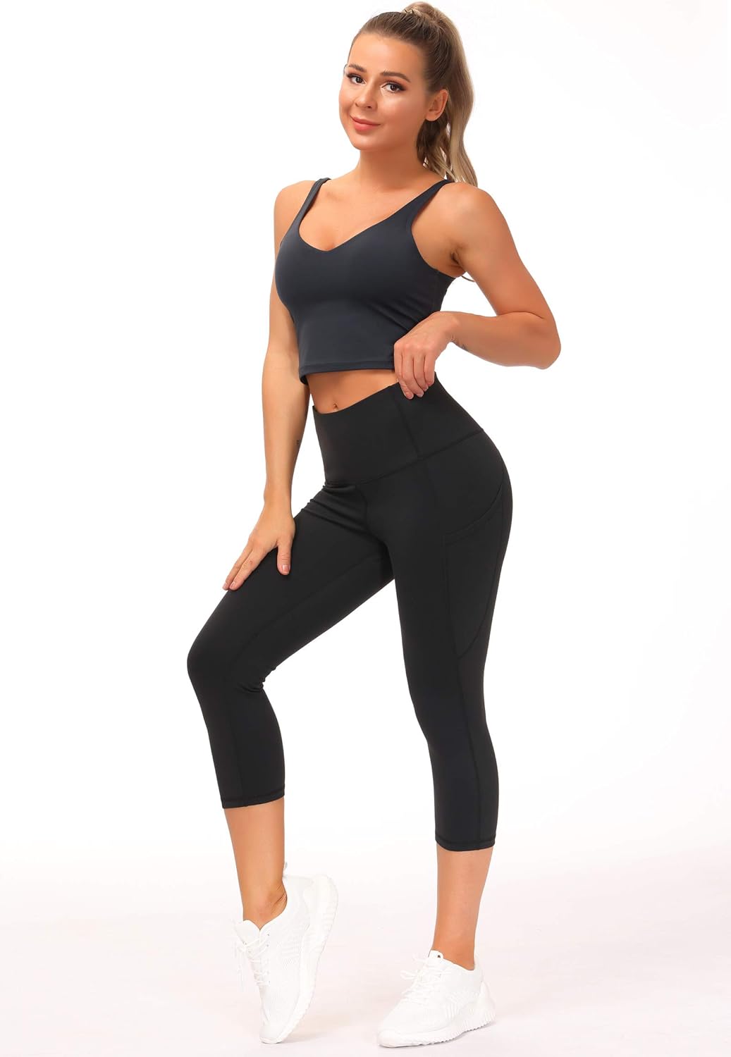 THE GYM PEOPLE Thick High Waist Capris Yoga Pants with Pockets, Tummy Control Wo...