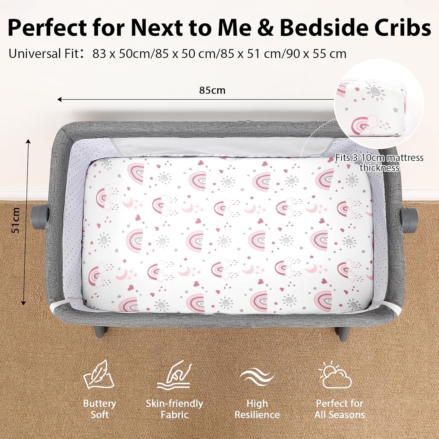 Next to Me Crib Sheets 85x51cm Fitted, 3 Pack Baby Cot Sheets, Ultral Soft & Sil...