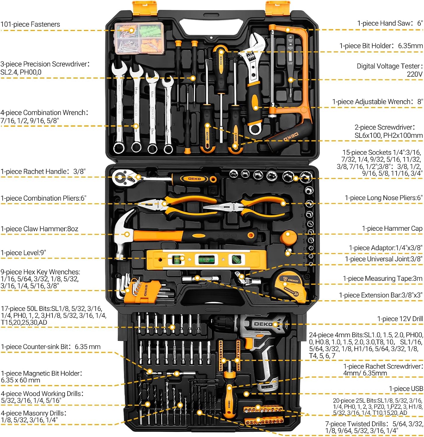 DEKO Home Mechanic Tool Kit, Special Tool Set with 12V Power Cordless Drill, Inn...