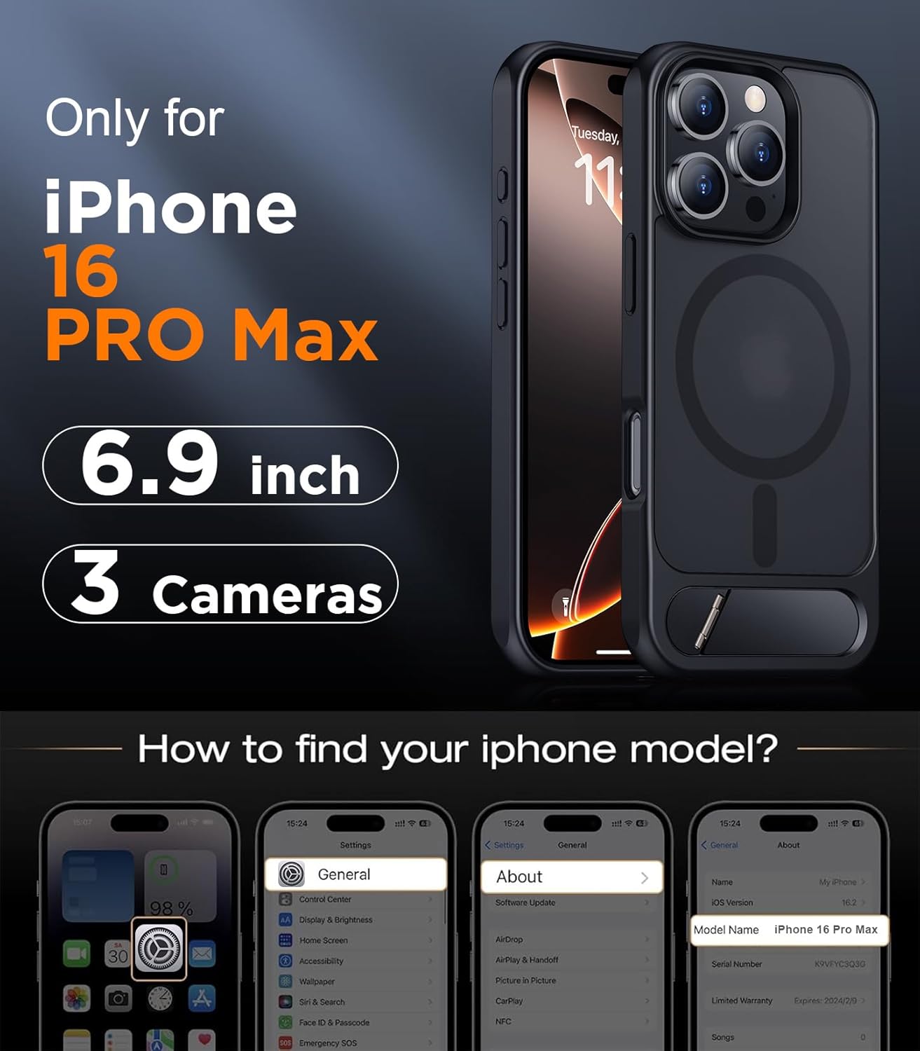 Temdan Magnetic Compatible with iPhone 16 Pro Max Case, [Built-in Invisible Kick...