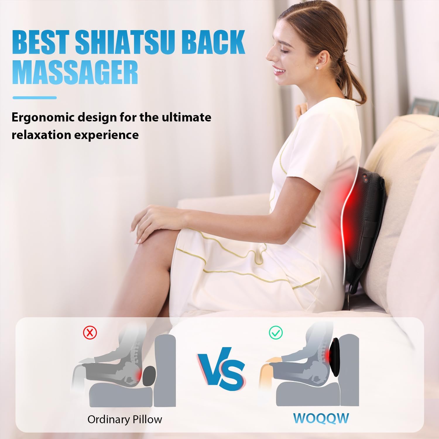 WOQQW Back Massager with Heat, Shiatsu Back and Neck Massager, Deeper Tissue Kne...