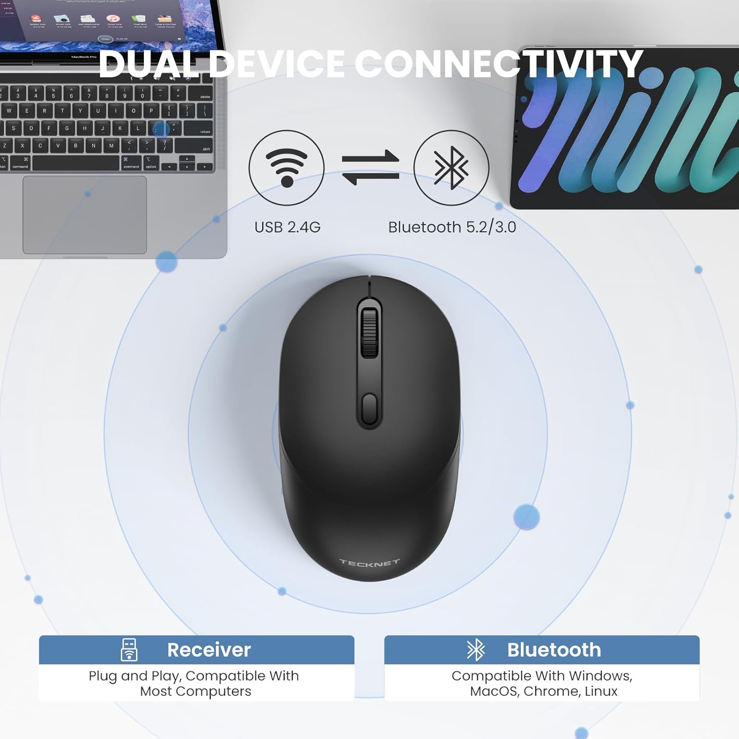 TECKNET Wireless Mouse, Innovative Bluetooth Mouse (BT5.2/3.0), Superior Connect...