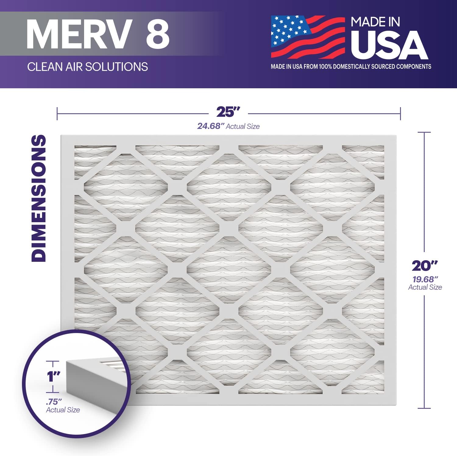 BNX TruFilter 20x25x1 Air Filter MERV 8 (6-Pack) - MADE IN USA – Dust & Pet Defe...