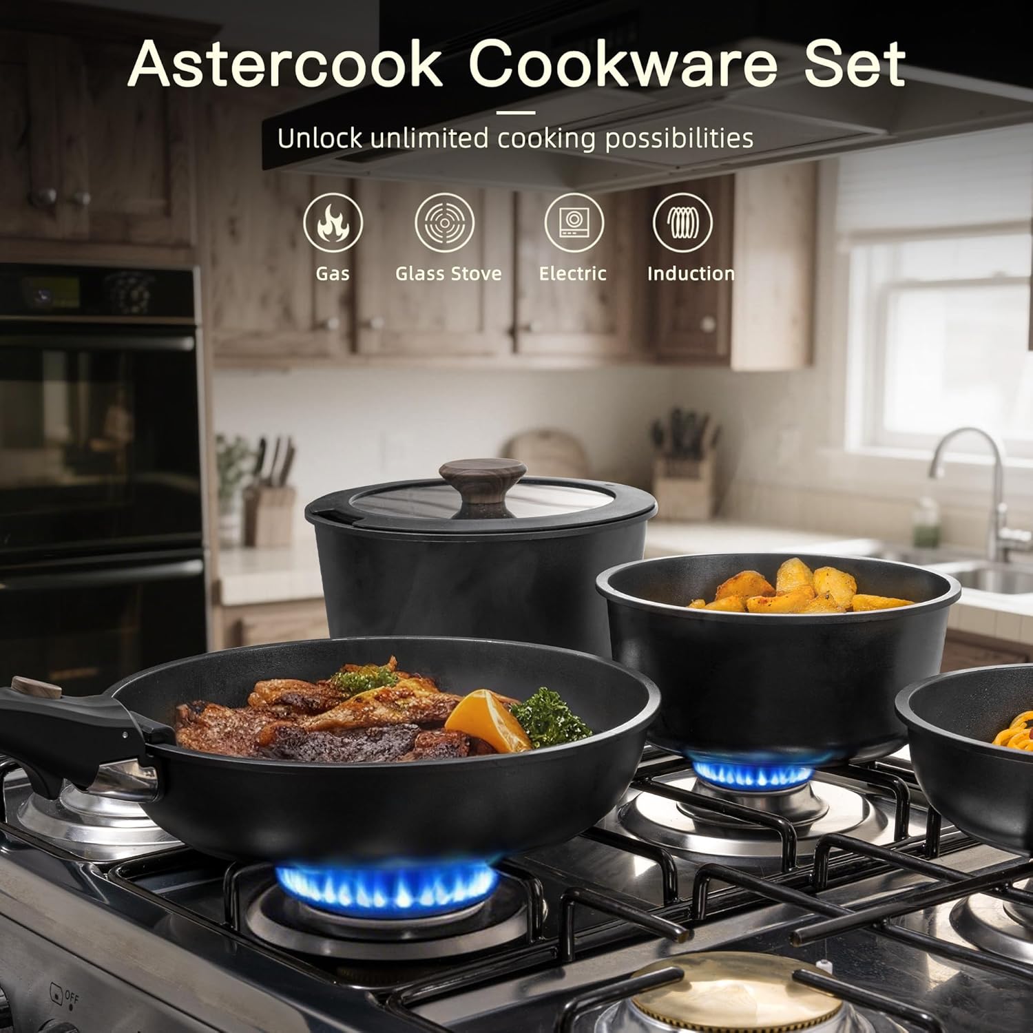 Astercook Non Stick RV Pots and Pans Ceramic Kitchen Cookware Set with Detachabl...
